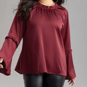 Anti-Wrinkle Plain Frill Trim Bell Sleeve Blouse/Scarlet Red